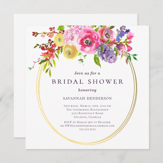 ピンクパープルイエローフローラブーケブライダルシャワー  招待状 (正面/裏面)