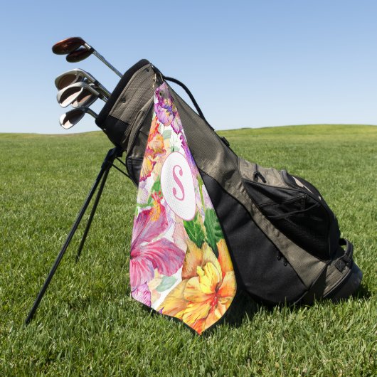 ピンクパープルイエローフローラモノグラムゴルフタオル ゴルフタオル (グリーン)