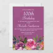 ピンクパープルイエローフローラ100誕生日 招待状 (正面)