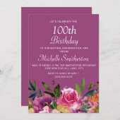 ピンクパープルイエローフローラ100誕生日 招待状 (正面/裏面)