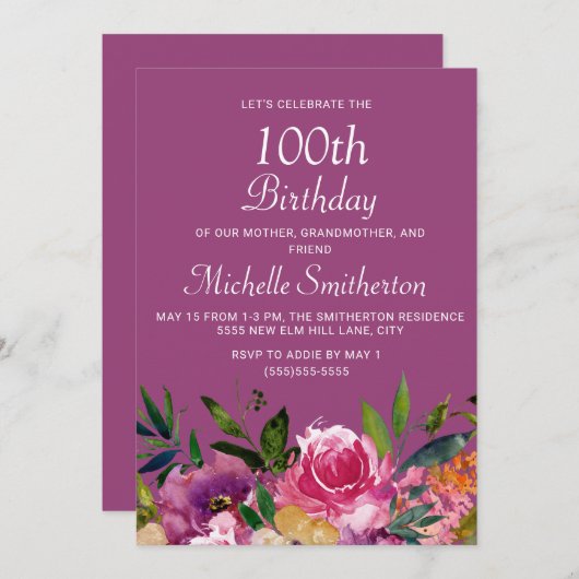 ピンクパープルイエローフローラ100誕生日 招待状 (正面/裏面)