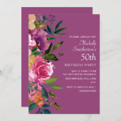 ピンクパープルイエローフローラ50誕生日 招待状 (正面/裏面)