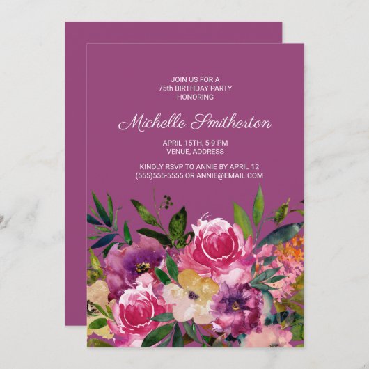 ピンクパープルイエローフローラ75番目の誕生日招待状 招待状 (正面/裏面)