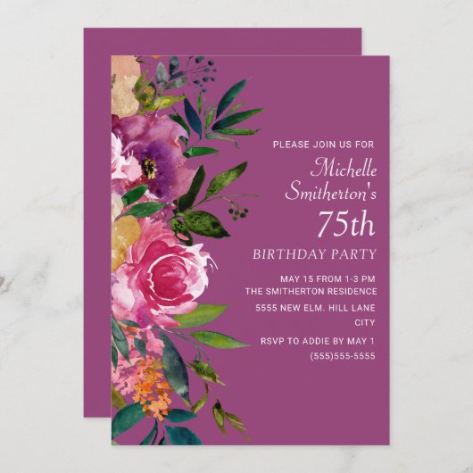 ピンクパープルイエローフローラ75誕生日 招待状 (正面/裏面)