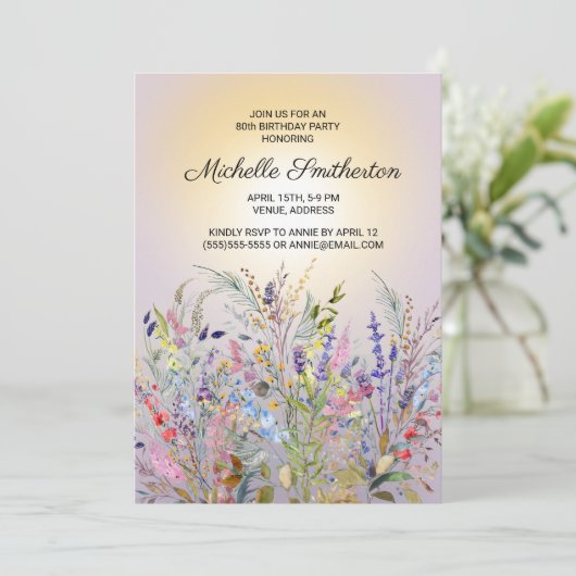 ピンクパープルイエローワイルドフラワーズ80誕生日 招待状 (スタンド正面)