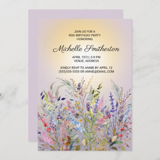 ピンクパープルイエローワイルドフラワー90誕生日 招待状 (正面/裏面)