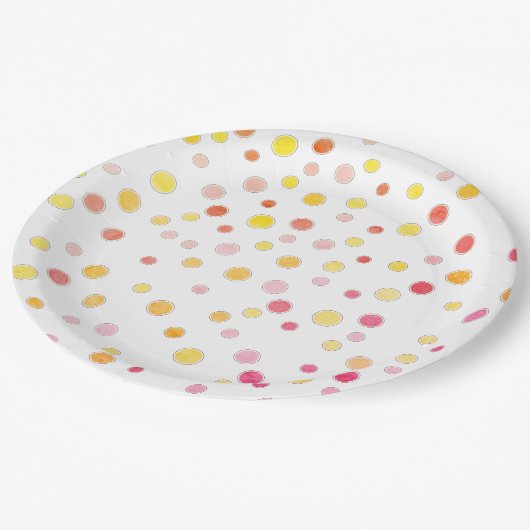 ピンクパープルイエロー水玉模様パーティー ペーパープレート (アングル)