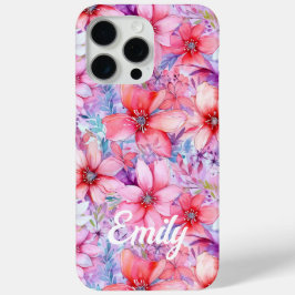 ピンクパープルウォーターの色のフローラパーソナライズされた名 iPhone 15 PRO MAXケース