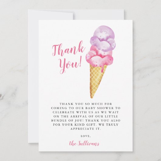 ピンクパープルウォーターカラーアイスクリームベビーシャワー サンキューカード (正面)