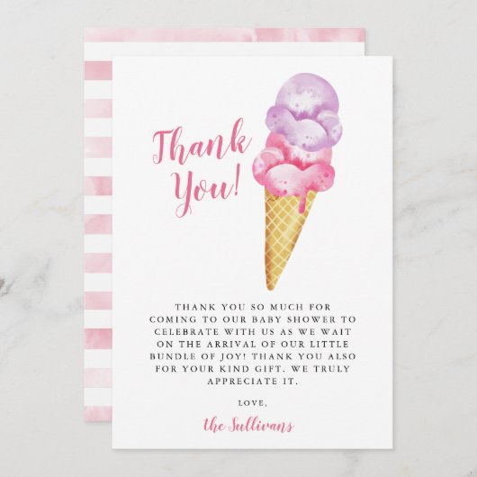 ピンクパープルウォーターカラーアイスクリームベビーシャワー サンキューカード (正面/裏面)