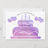 ピンクパープルウォーターカラーケーキバルーン65誕生日 招待状 (正面)