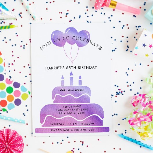 ピンクパープルウォーターカラーケーキバルーン65誕生日 招待状