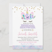 ピンクパープルウォーターカラースタイルユニコーンブライダルシャワー 招待状 (正面)