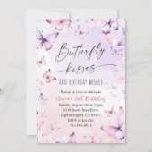 ピンクパープルウォーターカラーバタフライキス誕生日 招待状 (正面)
