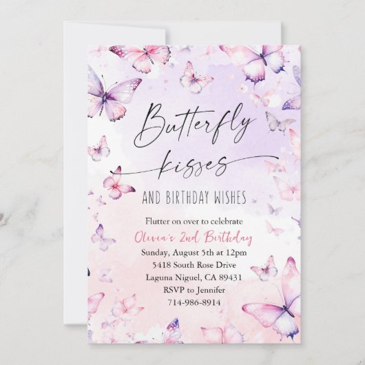 ピンクパープルウォーターカラーバタフライキス誕生日 招待状 (正面)