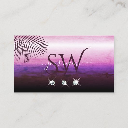 ピンクパープルウォーターカラーパーム葉ズ宝石モノグラム 名刺 (正面)