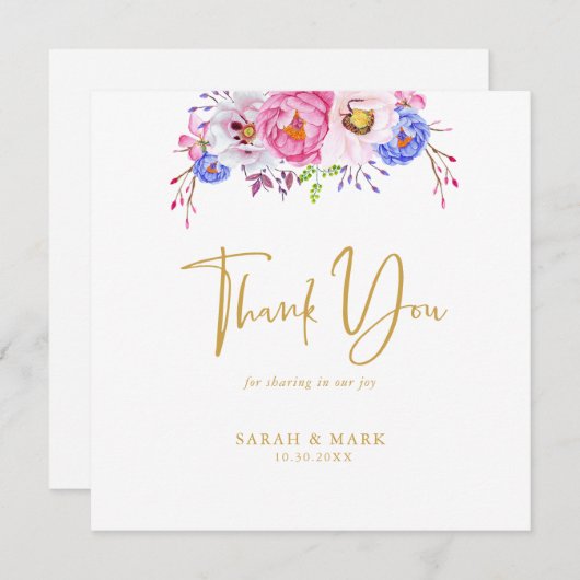 ピンクパープルウォーターカラーフローラロマン結婚ティック サンキューカード (正面/裏面)