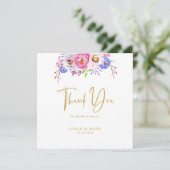 ピンクパープルウォーターカラーフローラロマン結婚ティック サンキューカード (スタンド正面)