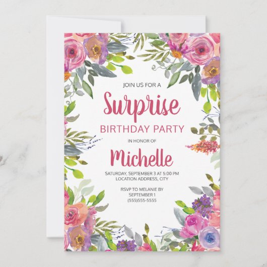 ピンクパープルウォーターカラーフローラ緑誕生日 招待状 (正面)