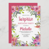ピンクパープルウォーターカラーフローラ緑誕生日 招待状 (正面/裏面)