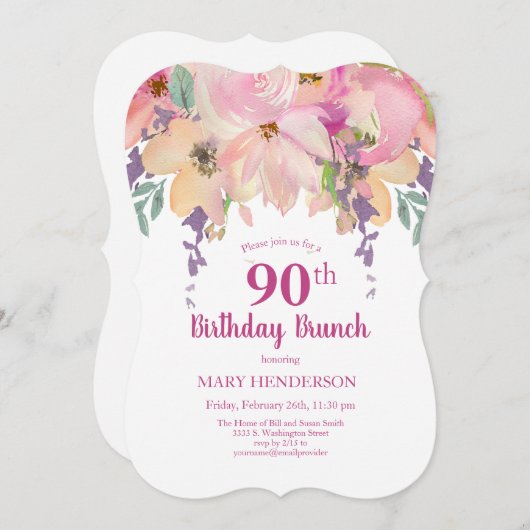 ピンクパープルウォーターカラーフローラ90th誕生日ブランチ 招待状 (正面/裏面)