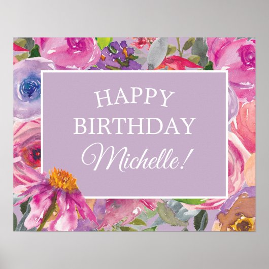 ピンクパープルウォーターカラーワイルドフラワーズハッピーバースデー ポスター (正面)