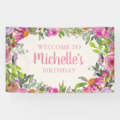 ピンクパープルウォーターカラーワイルドフラワー誕生日へようこそ 横断幕 (横)
