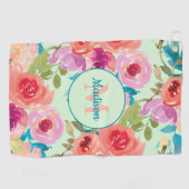 ピンクパープルウォーターフローラティール（緑がかった色）葉ミントー ゴルフタオル (横)