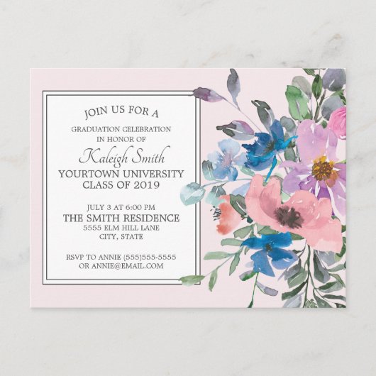 ピンクパープルウォーターフローラ卒業パーティー ポストカード (正面)