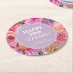 ピンクパープルウォーターフローラ30th Birthday ラウンドペーパーコースター<br><div class="desc">美しいピンクと紫の水色のワイルドフラワー、ボホスタイル30th誕生日パーティー紙コースター。連絡カスタマイズまたは一致する製品と一緒に私たち。</div>