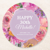 ピンクパープルウォーターフローラ30th Birthday ラウンドペーパーコースター (正面)
