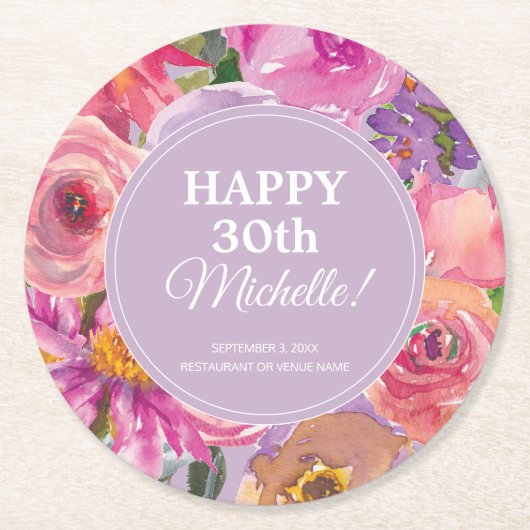 ピンクパープルウォーターフローラ30th Birthday ラウンドペーパーコースター (正面)