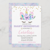 ピンクパープルウォーター色スタイルユニコーンベビー散水 招待状 (正面/裏面)