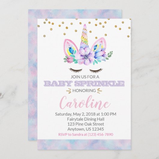 ピンクパープルウォーター色スタイルユニコーンベビー散水 招待状 (正面/裏面)