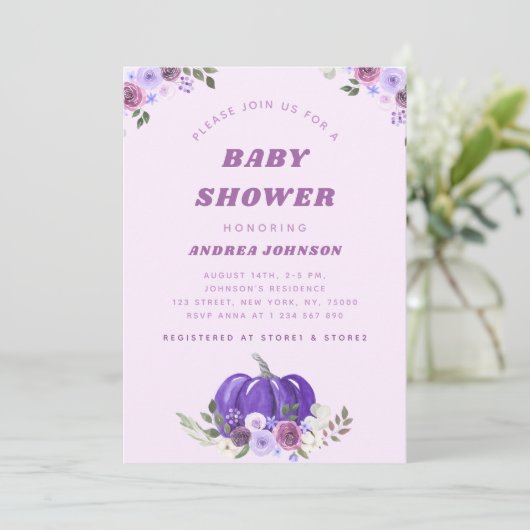 ピンクパープルウォーター色フローラカボチャ赤ちゃんシャワー 招待状 (スタンド正面)