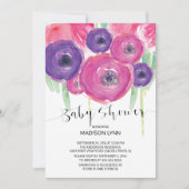 ピンクパープルウォーター色フローラガールズベビーシャワー 招待状 (正面)