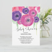 ピンクパープルウォーター色フローラガールズベビーシャワー 招待状 (スタンド正面)