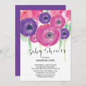 ピンクパープルウォーター色フローラガールズベビーシャワー 招待状 (正面/裏面)