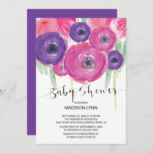 ピンクパープルウォーター色フローラガールズベビーシャワー 招待状 (正面/裏面)