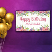 ピンクパープルウォーター色フローラハッピーバースデー名 横断幕