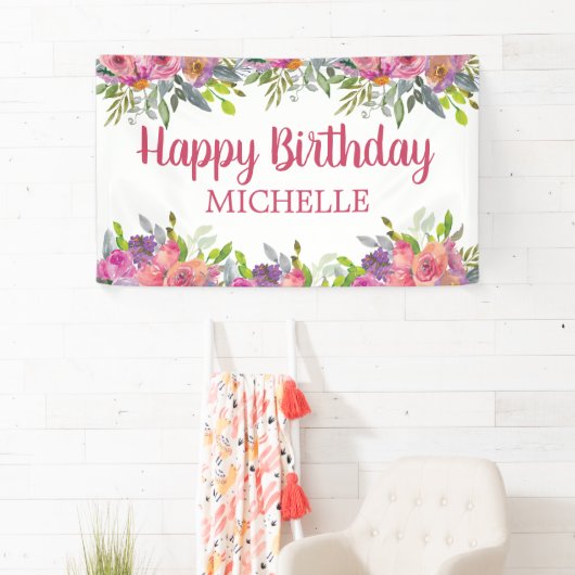 ピンクパープルウォーター色フローラハッピーバースデー名 横断幕 (インサイチュ)