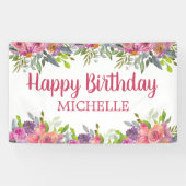 ピンクパープルウォーター色フローラハッピーバースデー名 横断幕 (横)
