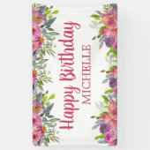 ピンクパープルウォーター色フローラハッピーバースデー名 横断幕 (縦)