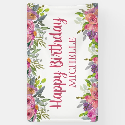 ピンクパープルウォーター色フローラハッピーバースデー名 横断幕 (縦)