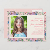 ピンクパープルウォーター色フローラ看護学校卒業 案内ポストカード (正面/裏面)