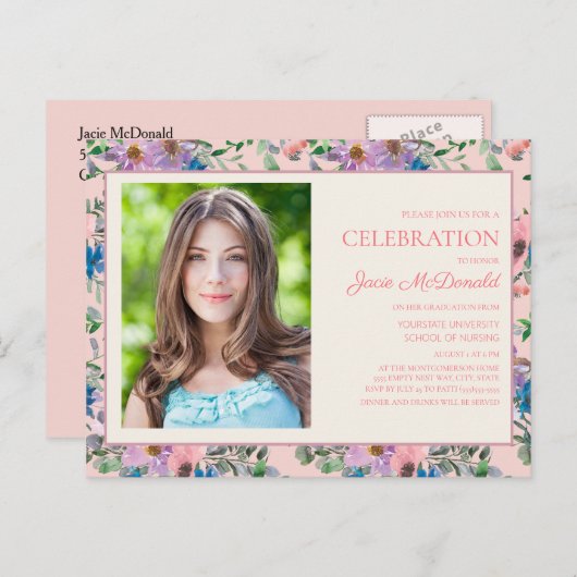 ピンクパープルウォーター色フローラ看護学校卒業 案内ポストカード (正面/裏面)