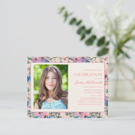 ピンクパープルウォーター色フローラ看護学校卒業 案内ポストカード (スタンド正面)