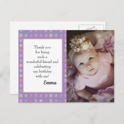 ピンクパープルウォーター誕生日写真ありがとう ポストカード (正面/裏面)