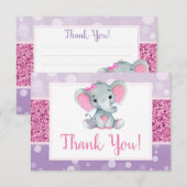 ピンクパープルエレファントサンキューカードシャワー誕生日 (正面/裏面)