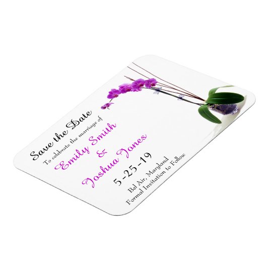 ピンクパープルオーキッドフローラ結婚式の日付を保存 マグネット (左側)